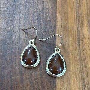 Vintage Brown Cabochan Teardrop Silver Tone Dangle Pierced Earrings